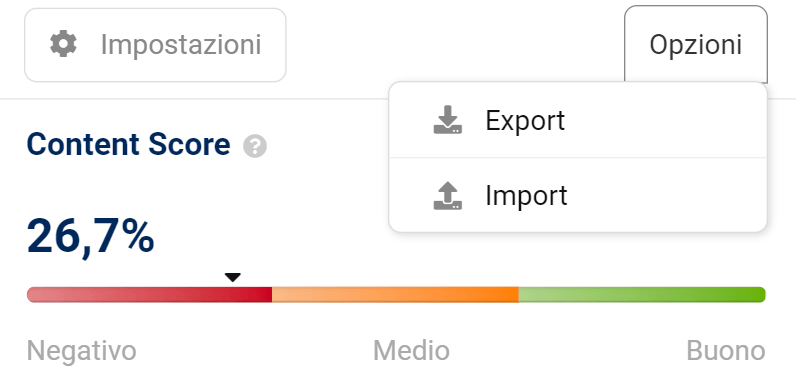 Import / export nel Content Assistant AI di SISTRIX